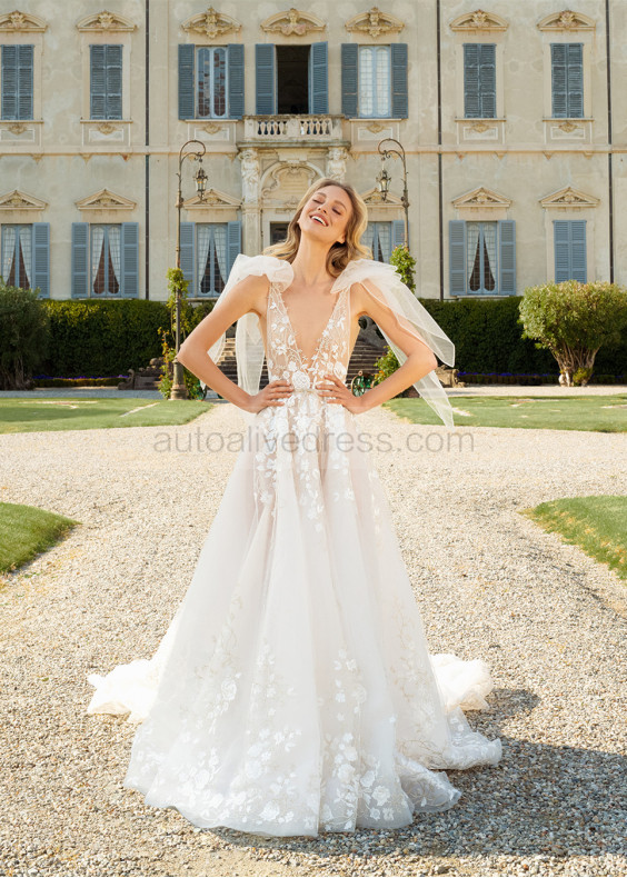 Light Gray Lace Tulle Sexy Wedding Dress